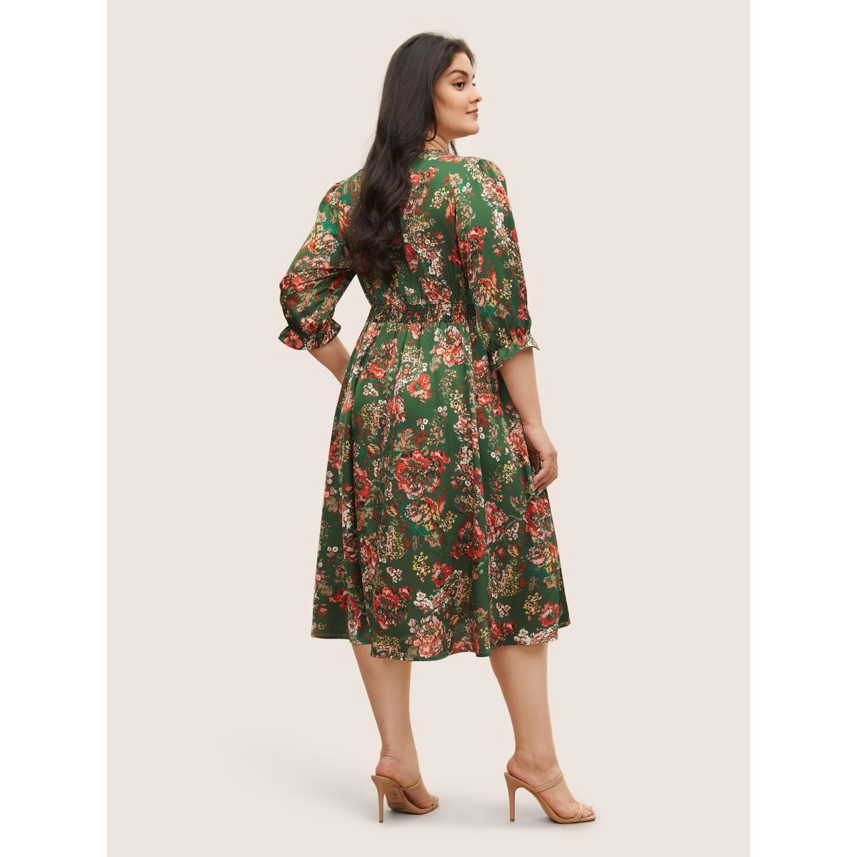 Plus Size Floral Print Flutter Sleeve Shirred Pleated Dress DarkGreen Women Elegant Non V-neck Elbow-length sleeve Curvy Midi Dress BloomChic 22-24/3X Product Image