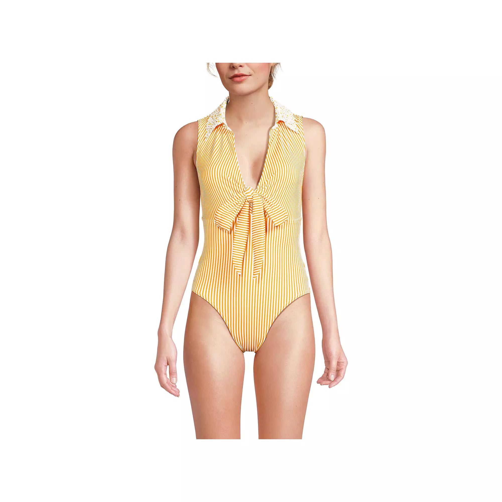 Women's Lands' End High Leg One-Piece Swimsuit, Size: 6, Yellow Floral Stripe Product Image
