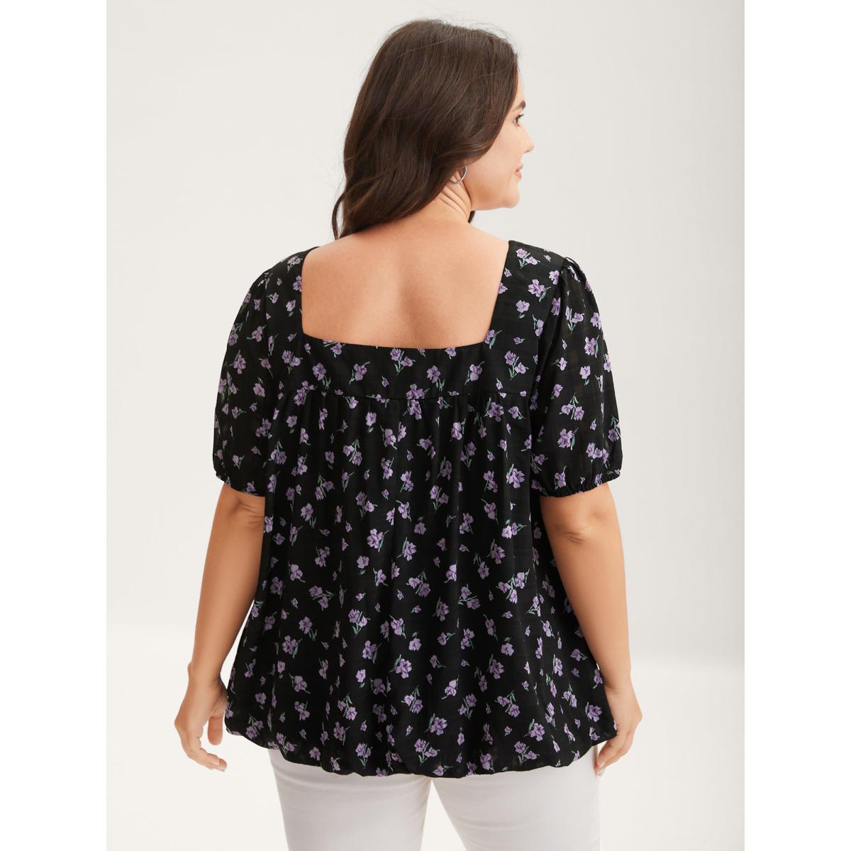 Plus Size Black Floral Fiesta Pleated Square Neck Blouse Women Short sleeve Square Neck Elegant Blouses BloomChic 12/L Product Image