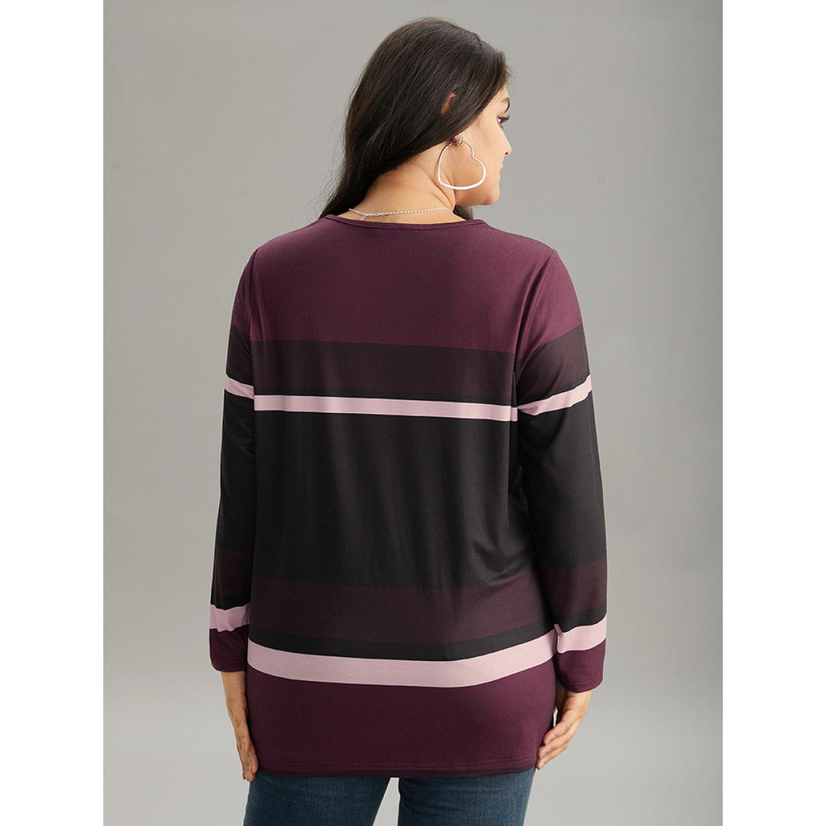 Plus Size Striped Colorblock Contrast Round Neck T-shirt Multicolor Women Casual Printed Colorblock Round Neck Dailywear T-shirts BloomChic 30/6X Product Image