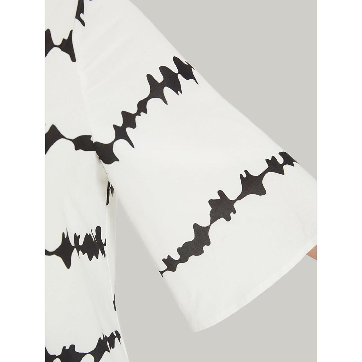 Plus Size White Striped Tie Dye V Neck Gathered Blouse Women Elegant Elbow-length sleeve V-neck Dailywear Blouses BloomChic 10/M Product Image