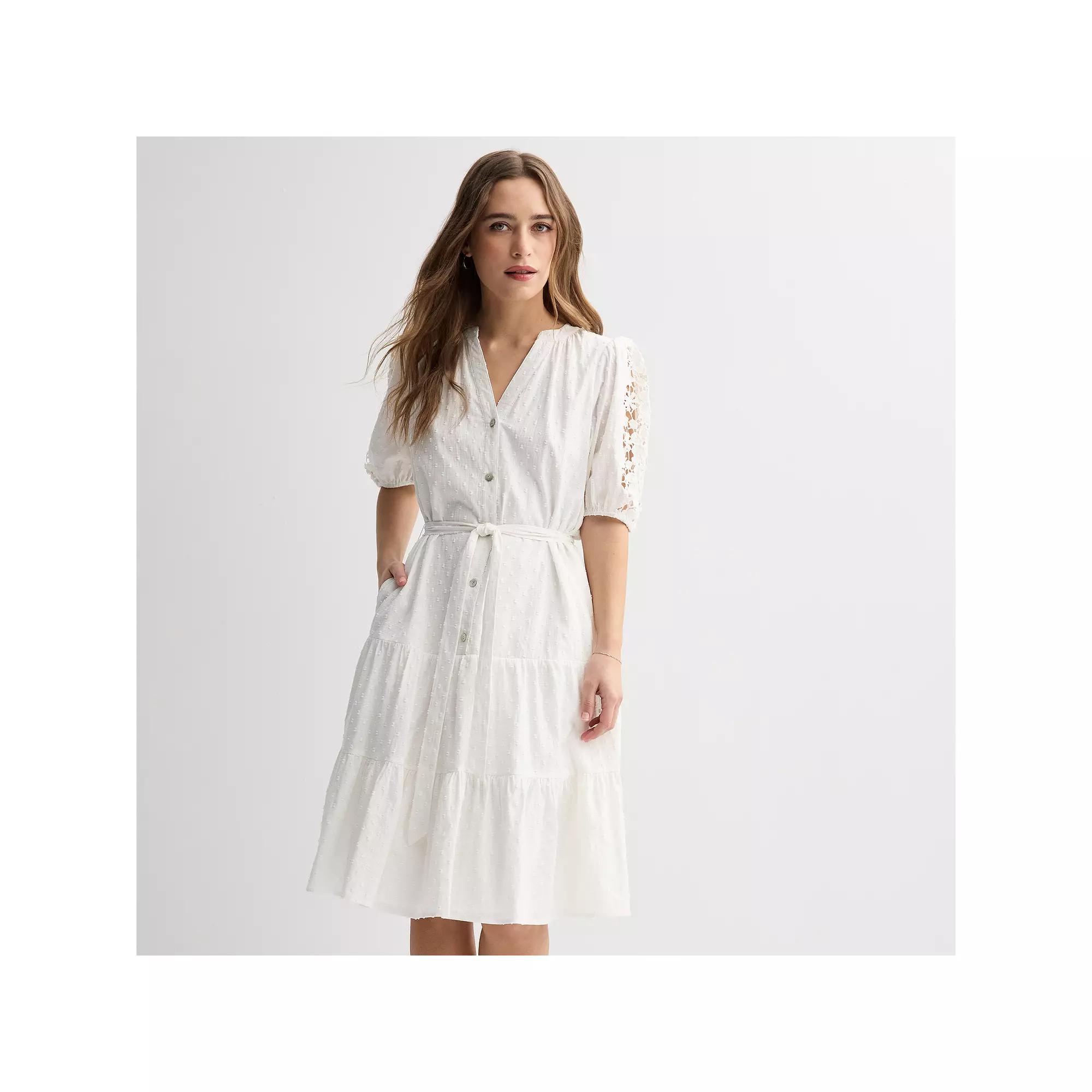 Women's Draper James Embroidered Eyelet Puff Sleeve Midi Dress, Size: XL, White Product Image