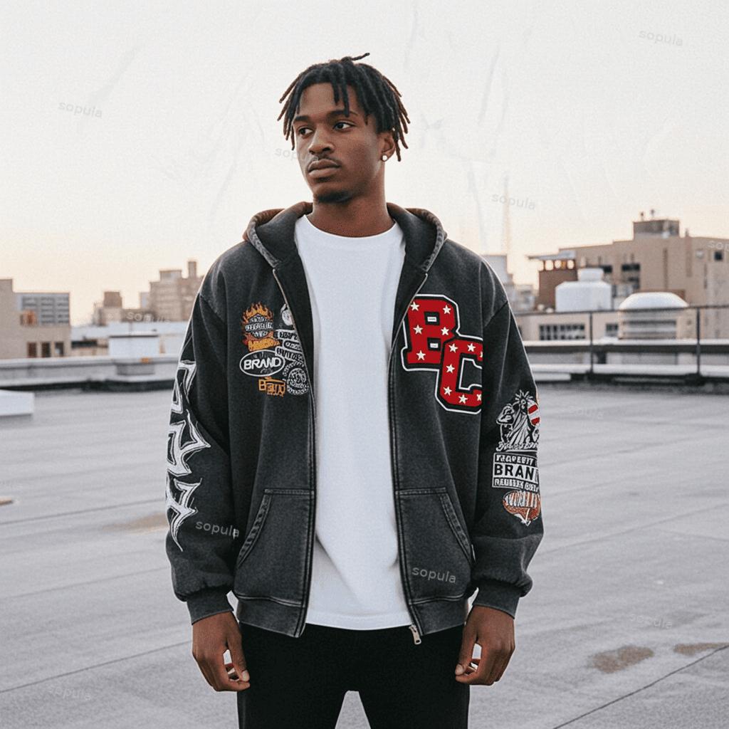 Men's Oversized Relaxed Graphic Vintage Washed Zip-Up Hoodie Product Image