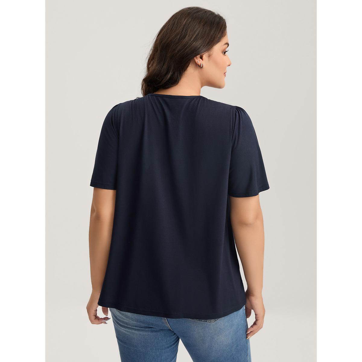 Plus Size Neck-Tie Flared Sleeve Solid T-Shirt Indigo Women Twist Round Neck Everyday-Casual T-shirts BloomChic 22-24/3X Product Image
