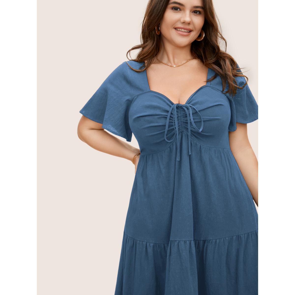 Plus Size Cotton Heart Neckline Drawstring Gathered Midi Dress Mediumblue Women Elegant Gathered Heart neckline Short sleeve Curvy BloomChic 18-20/2X Product Image