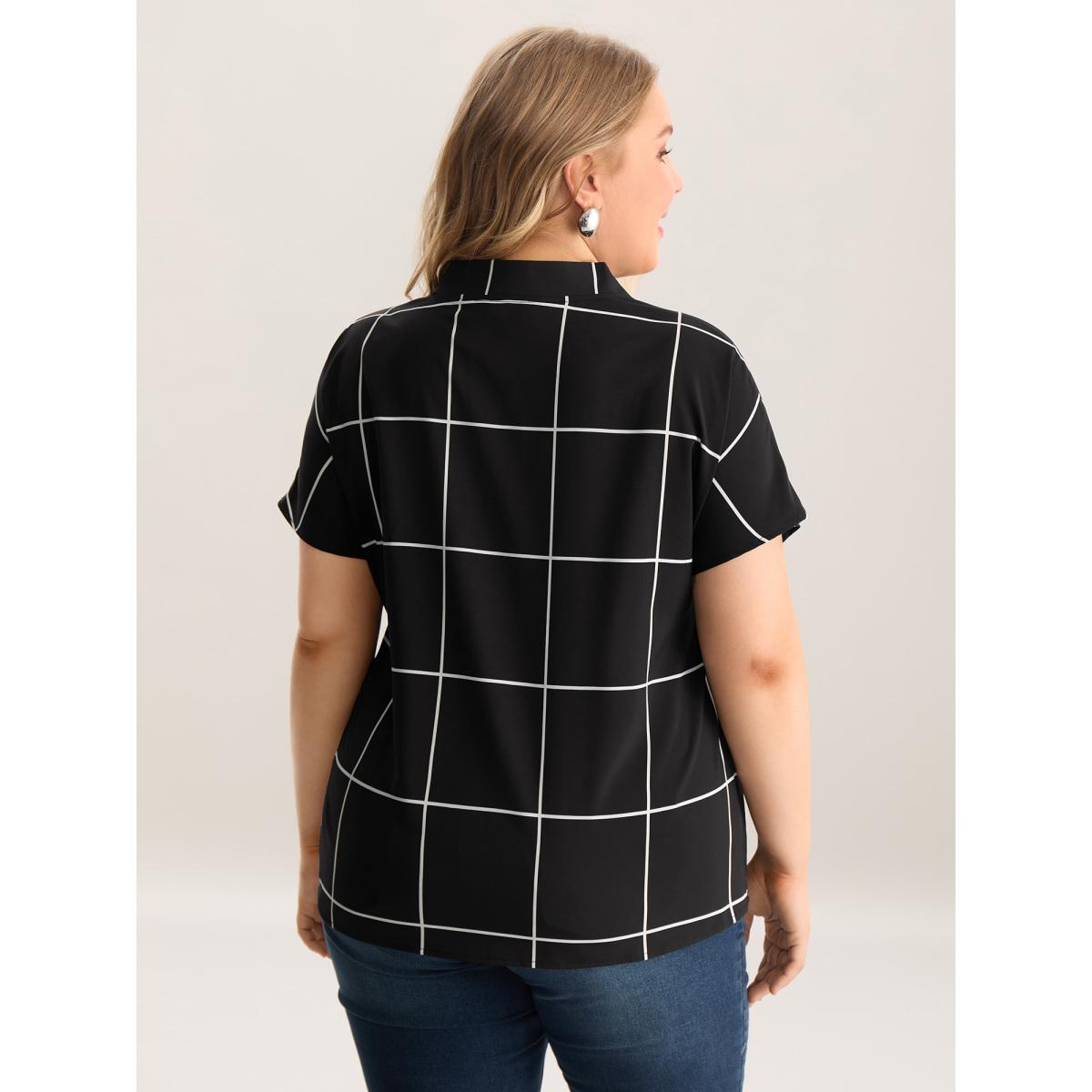 Plus Size Black Plaid Pattern Woven Placket Blouse Women Short sleeve V-neck Work Blouses BloomChic 28/5X Product Image