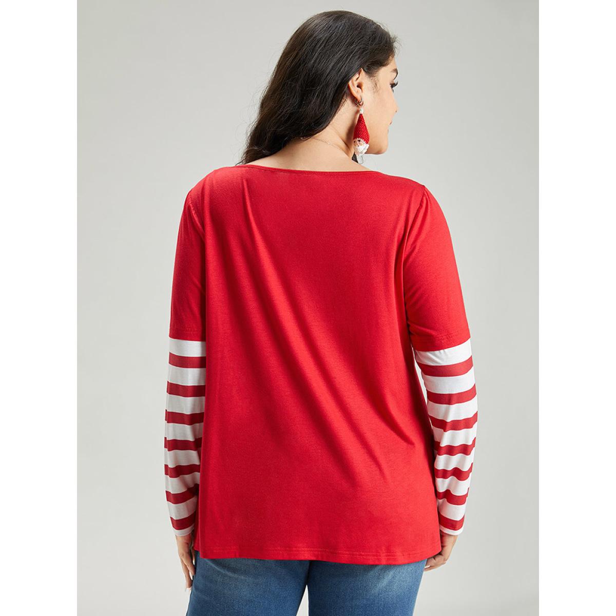 Plus Size Snowflake Striped Patchwork T-shirt Red Women Casual Contrast Christmas Round Neck Festival-Christmas T-shirts BloomChic 28/5X Product Image