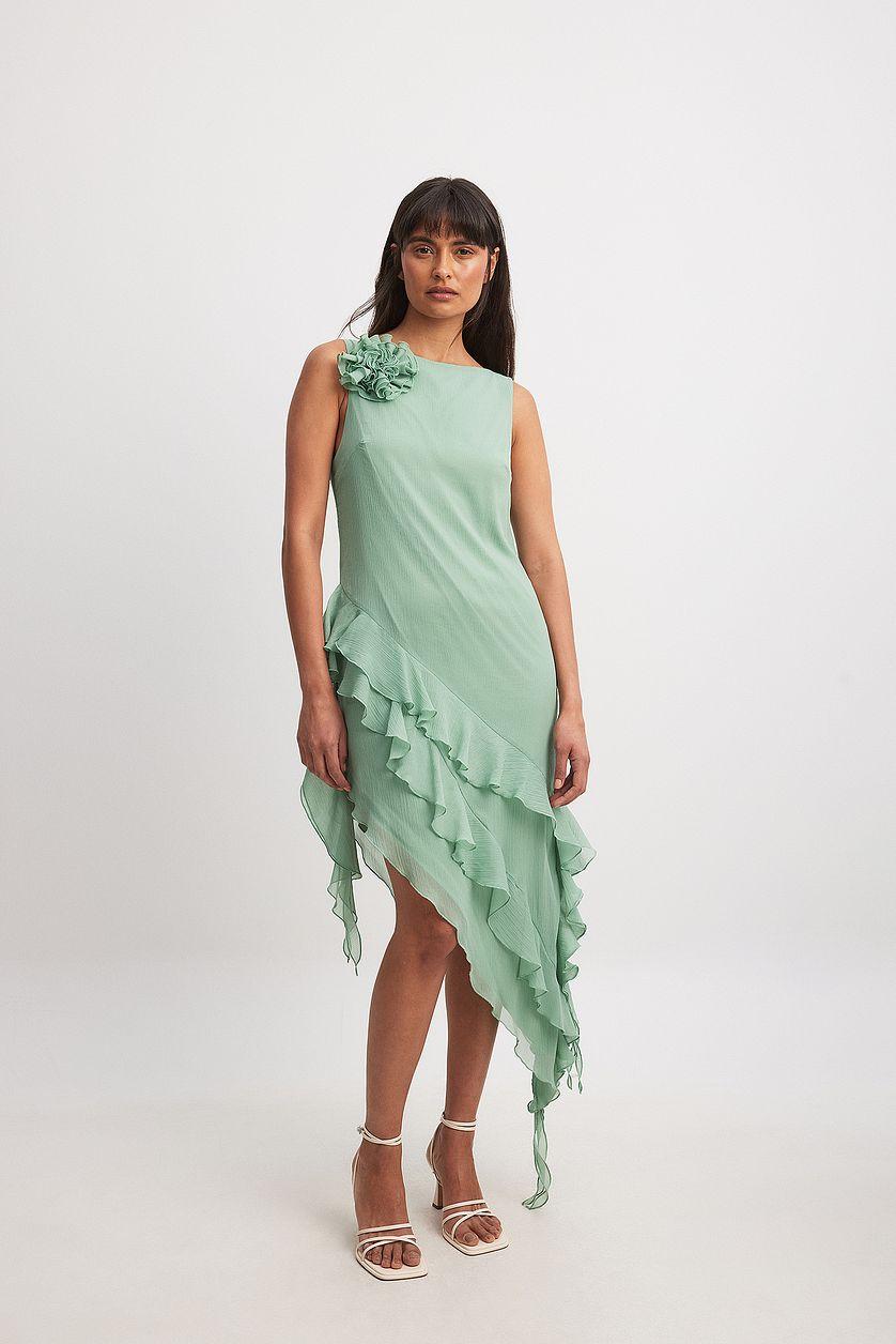 Chiffon Ruffle Detail Asymmetric Midi Dress Product Image
