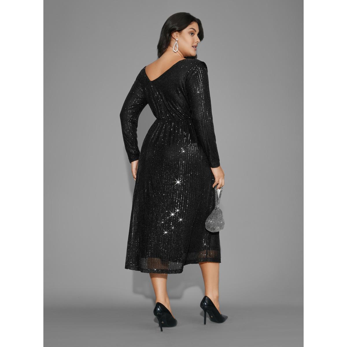 Plus Size Sequin Mesh Asymmetrical Neck Midi Dress Black Women Party&Cocktail Texture Party Curvy Bloomchic 14-16/1X Product Image