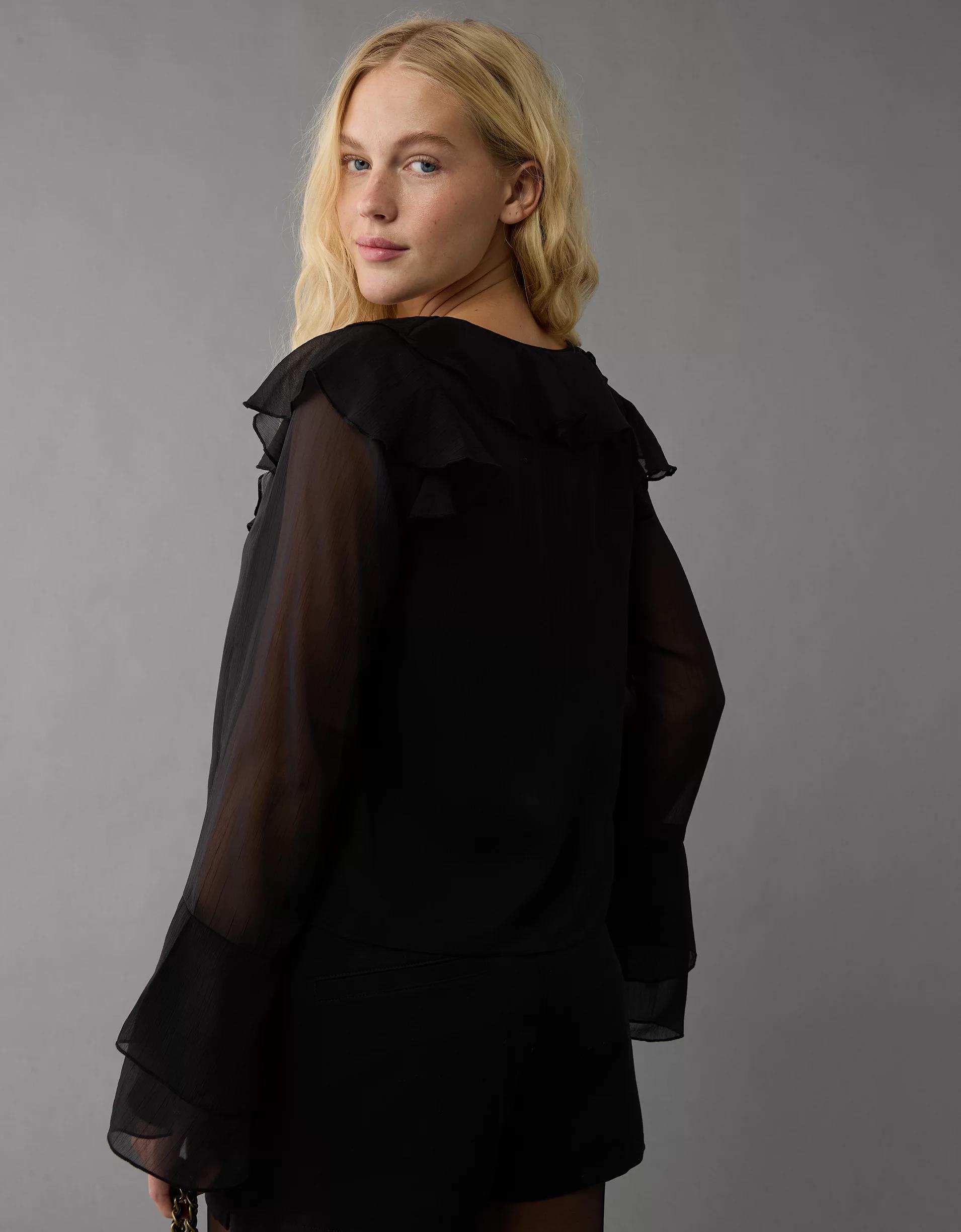 AE Long-Sleeve Chiffon Ruffle Blouse Product Image