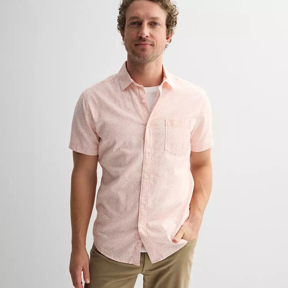 Men's Sonoma Goods For Life® Short Sleeve Perfect Length Linen Shirt, Size: XL, Pink Texture Leaves Product Image