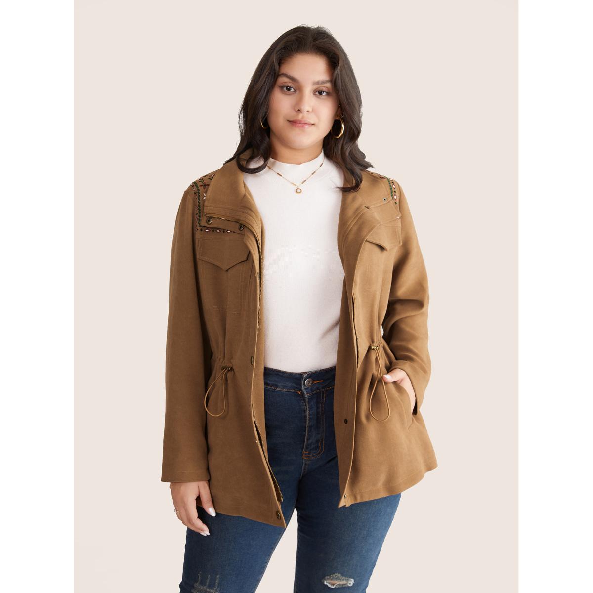 Plus Size Ditsy Floral Embroidered Drawstring Pocket Jacket Women LightBrown Lined Pocket Dailywear Jackets BloomChic 12/L Product Image