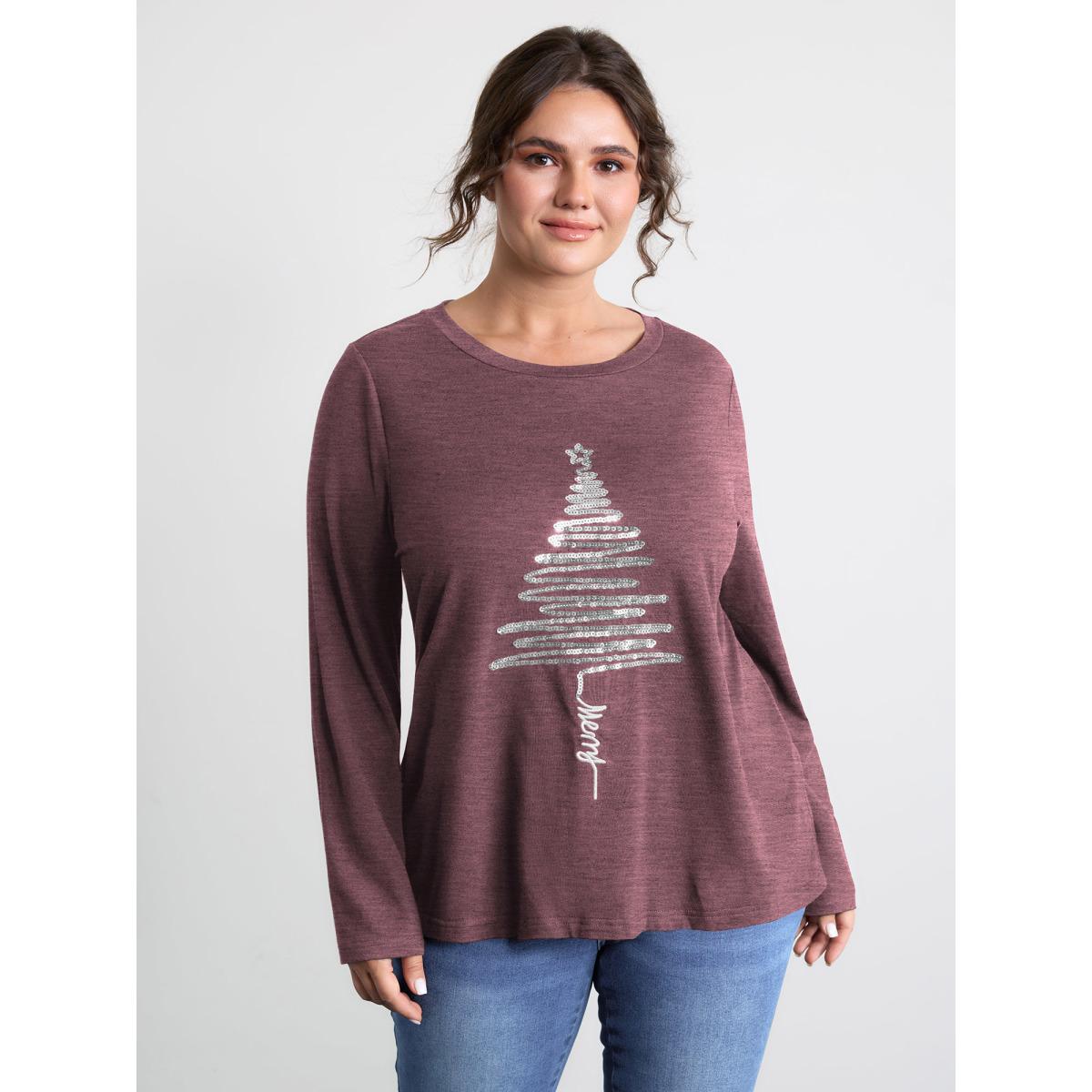 Plus Size Sequin Cord Embroidered Tree Round Neck T-Shirt Plum Women Leisure Round Neck Casual T-shirts BloomChic 12/L Product Image