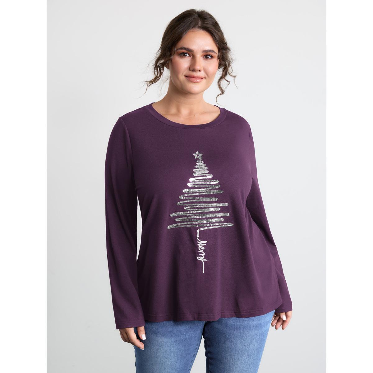 Plus Size Sequin Cord Embroidered Tree Round Neck T-Shirt Aegean Women Leisure Round Neck Casual T-shirts BloomChic 30/6X Product Image