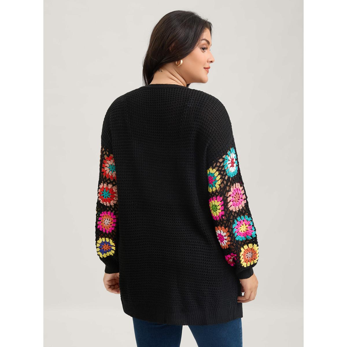 Plus Size Crochet Floral Drop Shoulder Cut Out Cardigan Black Women Playful Loose Long Sleeve Casual Cardigans BloomChic 28/5X Product Image