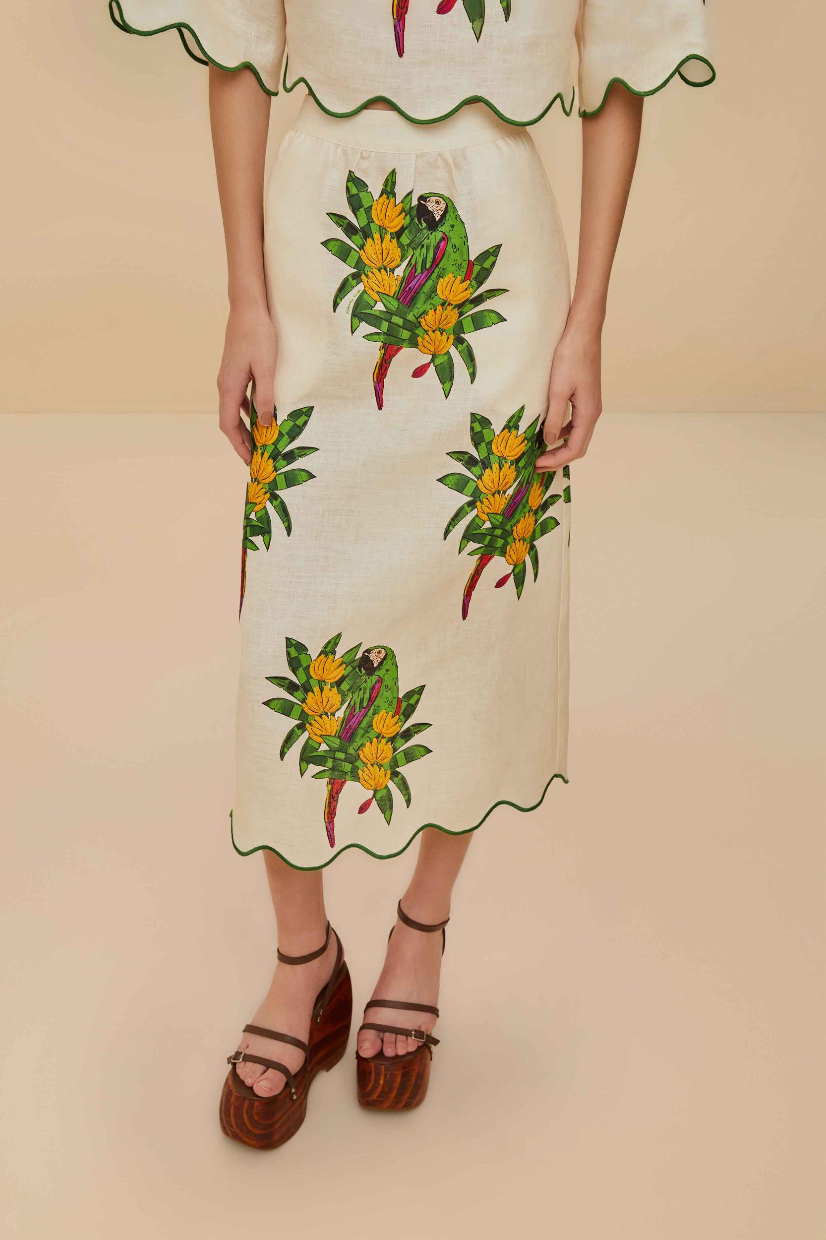 Off-White Maracana Bird Euroflax™ Premium Linen Midi Skirt Product Image