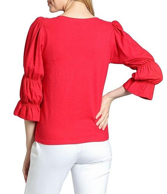 APNY Knit V-Neck 3/4 Puff Sleeve Blouse Product Image
