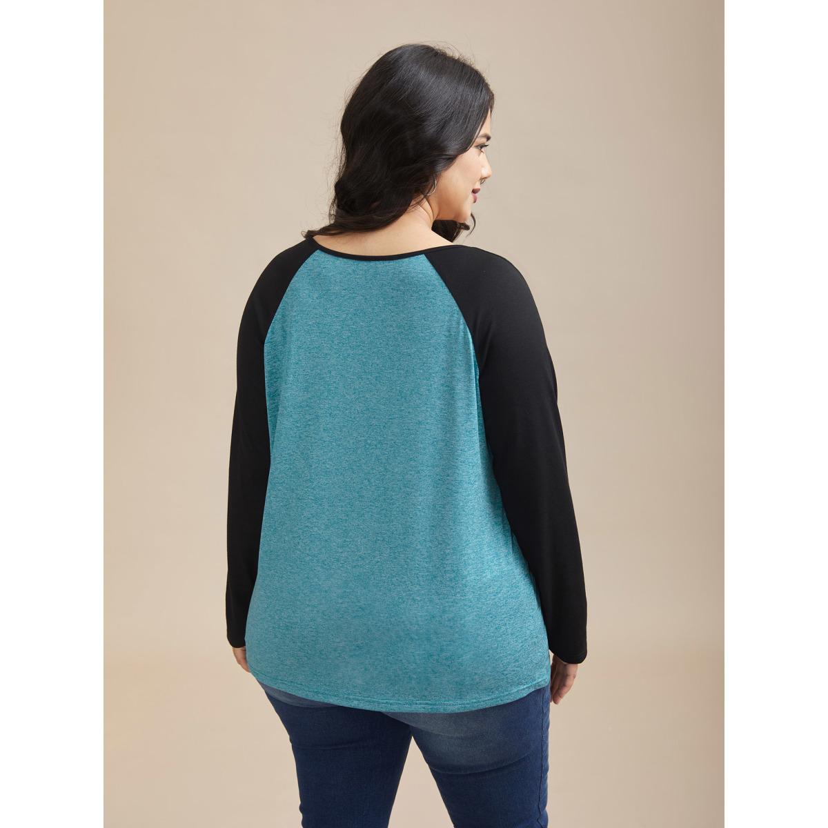 Plus Size Heather Patchwork Button Detail Stretchy T-Shirt Cerulean Women Casual Contrast Flat collar with V-notch Everyday T-shirts BloomChic 14-16/1X Product Image