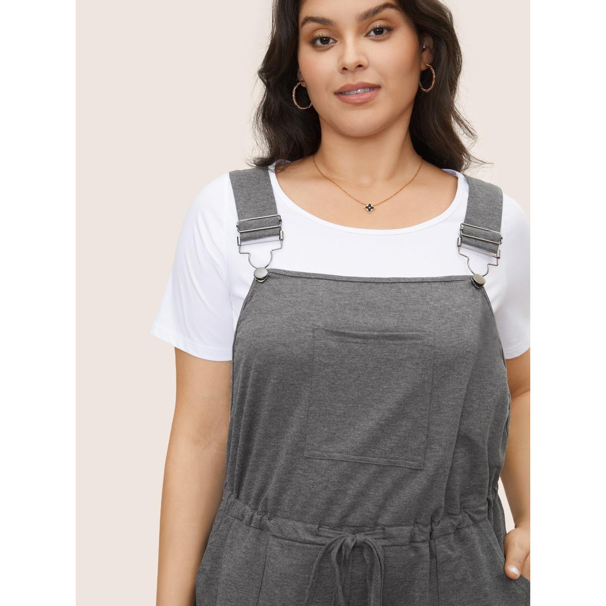 Plus Size DimGray Solid Pocket Drawstring Overall Romper Women Casual Sleeveless Non Everyday Loose Jumpsuits BloomChic 30/6X Product Image