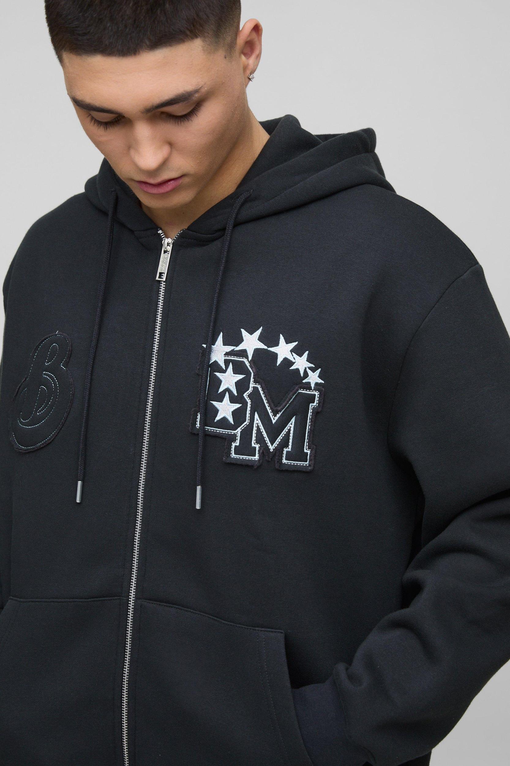 Oversized BM Varsity Applique Zip Through Hoodie | boohooMAN USA Product Image