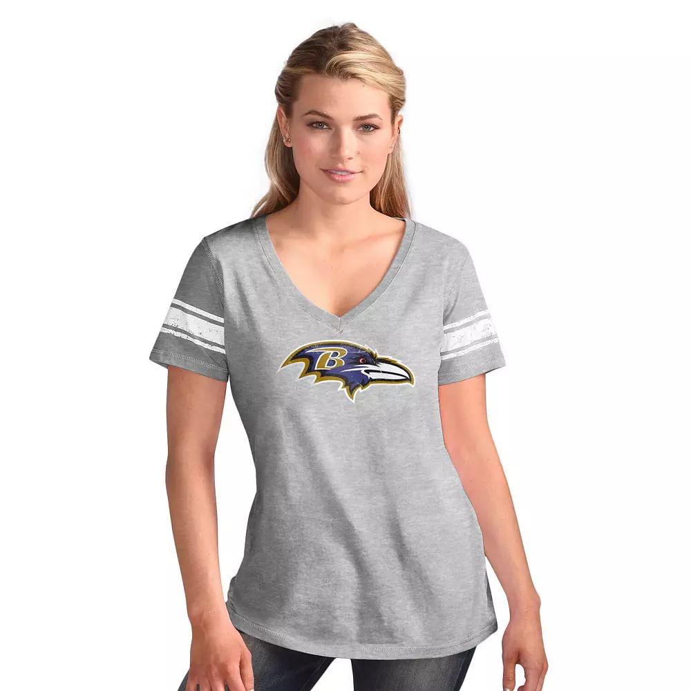 Women's G-III 4Her by Carl Banks  Heather Gray Baltimore Ravens First Pick Distressed V-Neck T-Shirt, Size: XL, Grey Product Image