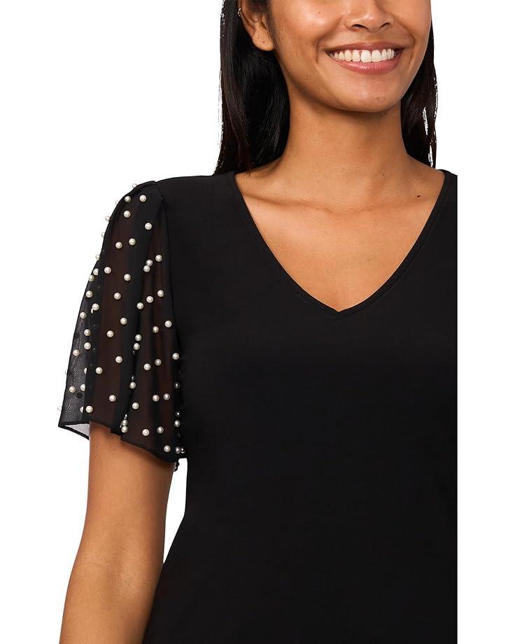 Women's CeCe Knit V-Neck Combo Pearl Sleeve Top Product Image