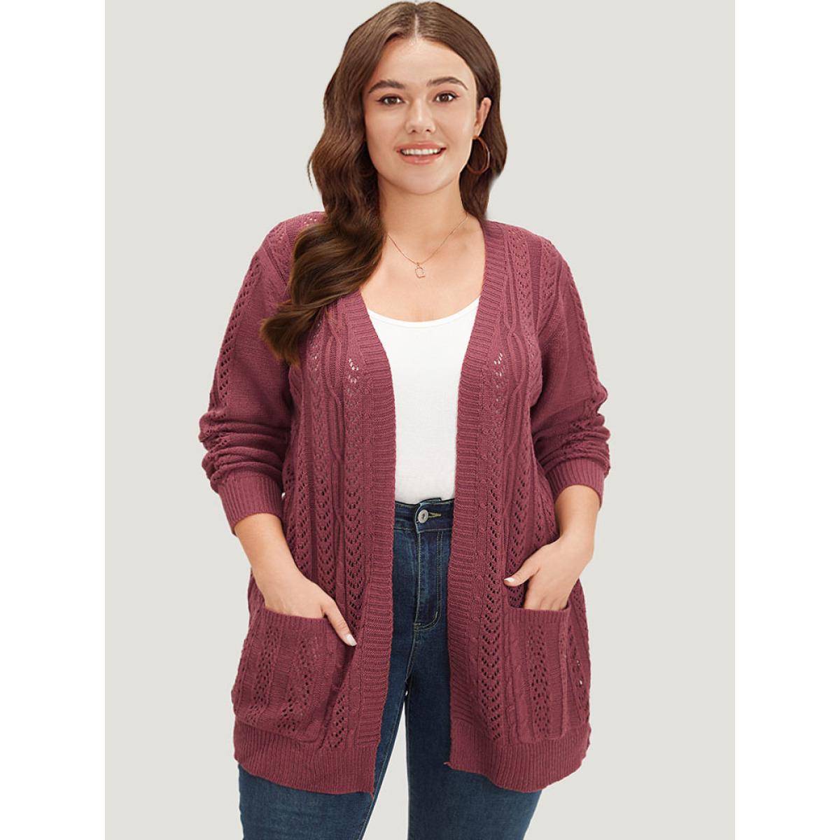 Plus Size Solid Patched Pocket Geo Eyelet Open Front Cardigan Maroon Women Casual Loose Long Sleeve Everyday Cardigans BloomChic 30/6X Product Image