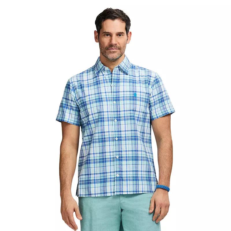 Men's IZOD Madras Short Sleeve Button Down Shirt, Size: Medium, Adriatic Blue Product Image