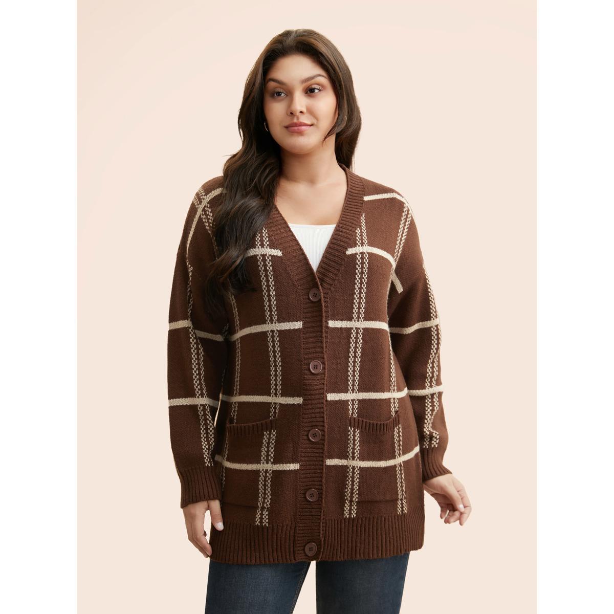 Plus Size Plaid Button Up Pocket Cardigan Browncoffeecolor Women Leisure Loose Long Sleeve Casual Cardigans BloomChic 18-20/2X Product Image