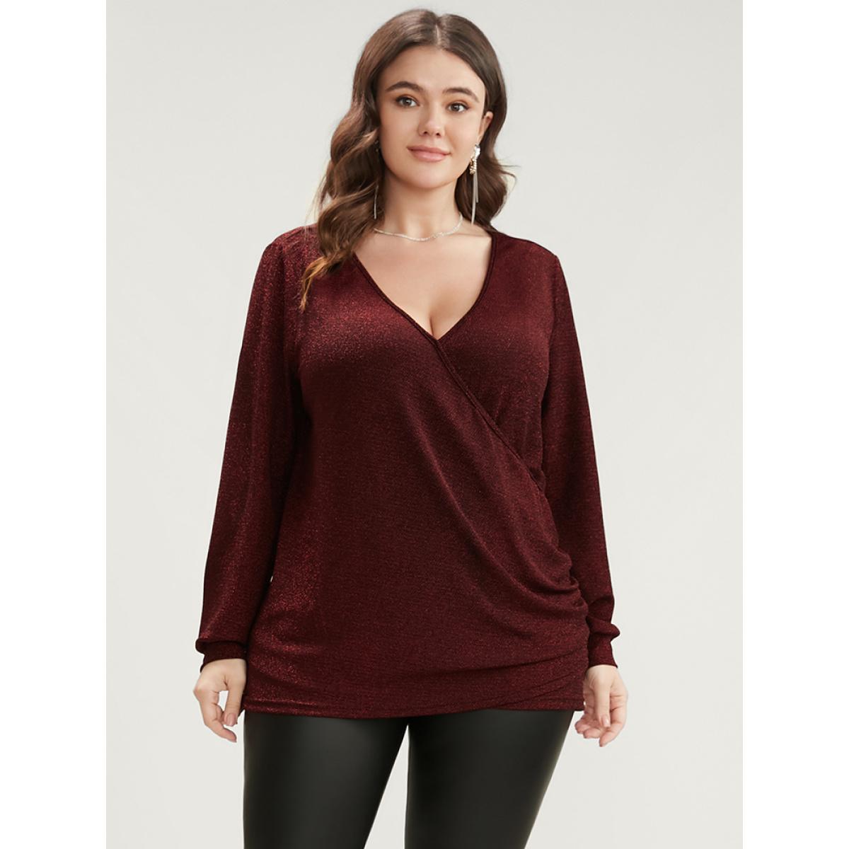Plus Size Scarlet Solid Glitter Surplice Neck Blouse Women Elegant Long Sleeve Deep V-neck Dailywear Blouses BloomChic 30/6X Product Image