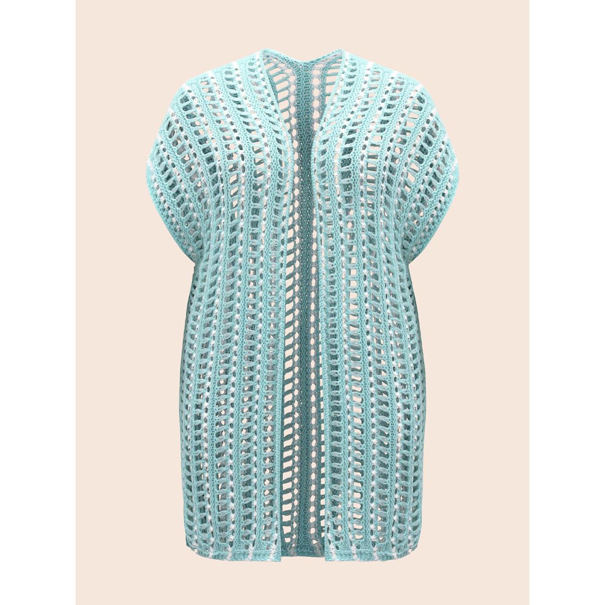 Plus Size Kimono Collar Cut Out Drop Shoulder Cardigan Turquoise Women Casual Loose Short sleeve Everyday Cardigans BloomChic 14-16/1X Product Image