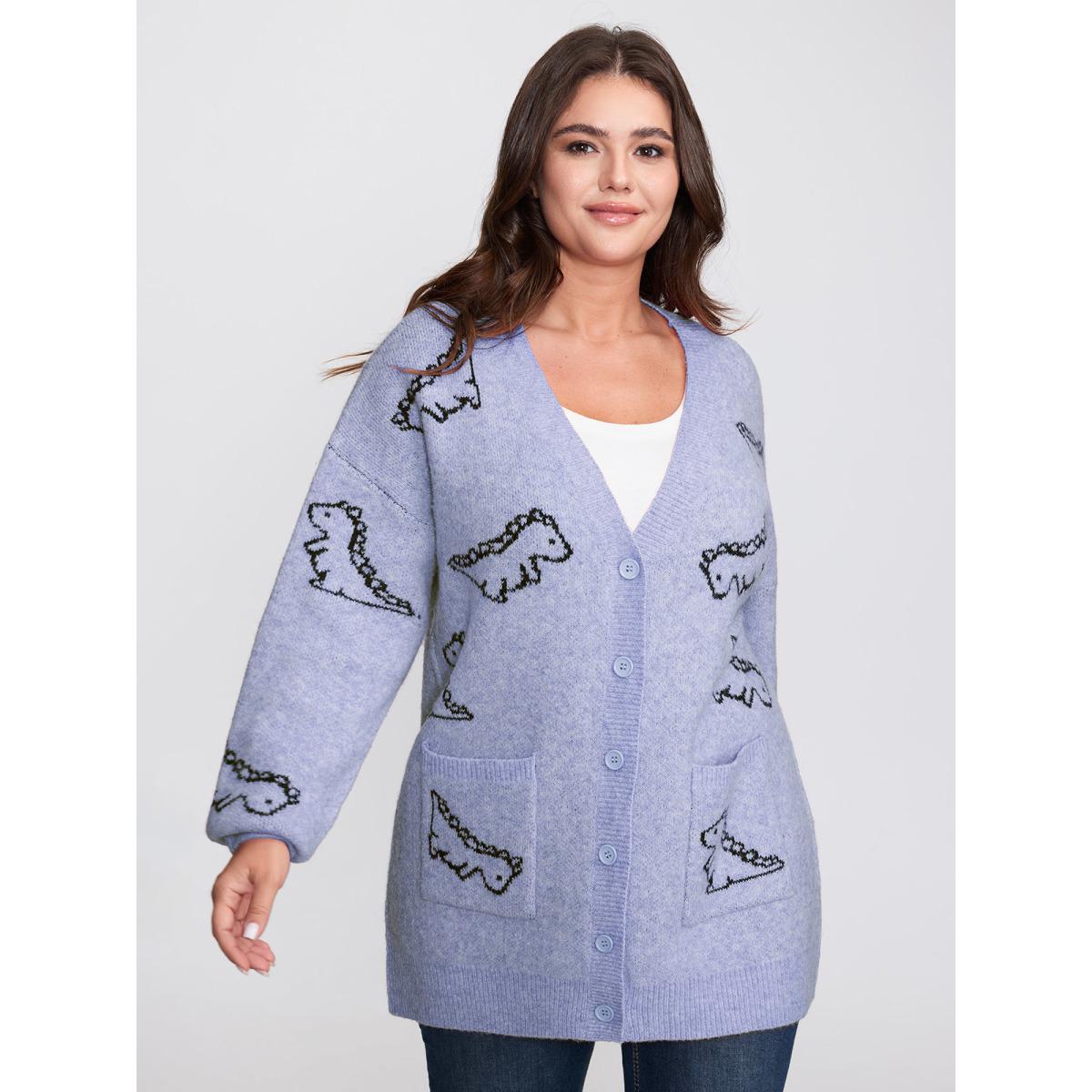 Plus Size Jacquard Dinosaur Print Knit Cardigan LightBlue Women Playful Loose Long Sleeve Casual Cardigans BloomChic 30/6X Product Image