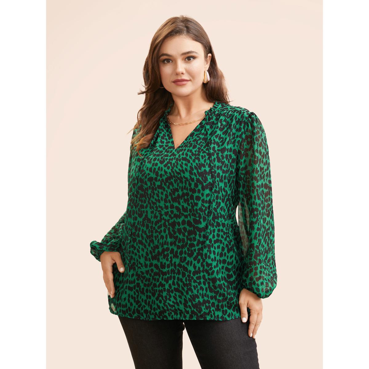 Plus Size DarkGreen Leopard Print Tie Knot Lantern Sleeve Blouse Women Romantic Long Sleeve V-neck Elegant Blouses BloomChic 30/6X Product Image
