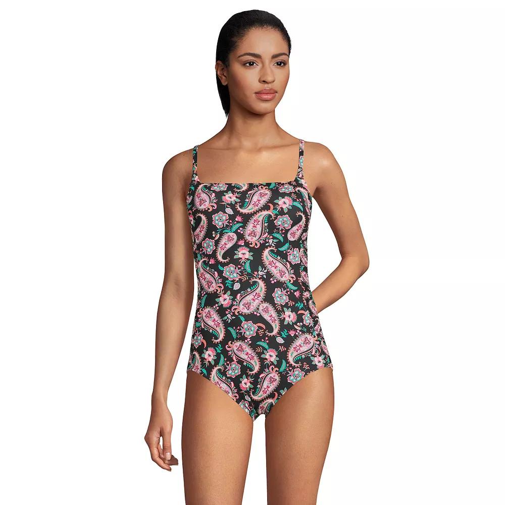 Women's Lands' End Smocked Square Neck UPF 50 One-Piece Swimsuit, Size: Small, Black Paisley Floral Product Image