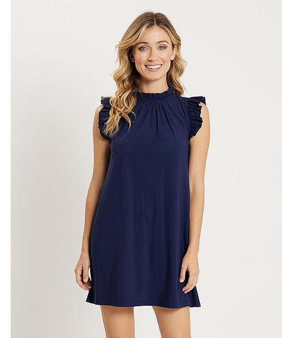 Jude Connally Shari Stretch Knit Ruffle Trim Mock Neck Cap Sleeve Shift Dress Product Image