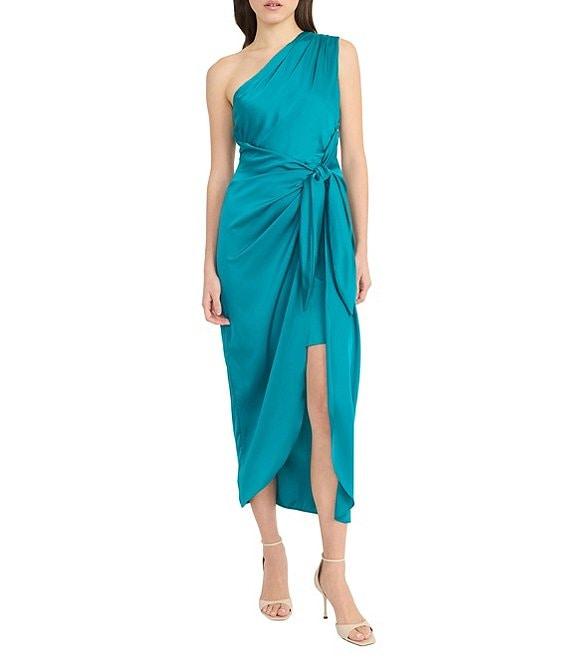 Donna Morgan One Shoulder Tie Waist Draped Skirt Midi Dress Product Image