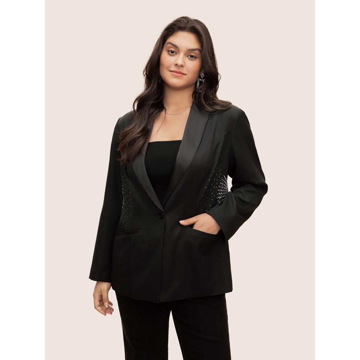 Plus Size Rhinestone Detail Patched Pocket Button Up Blazer Black Women Party Plain Non Sleeve Long Sleeve Suit Collar 28/5X Single-flap pocket Cocktail Blazers BloomChic Product Image