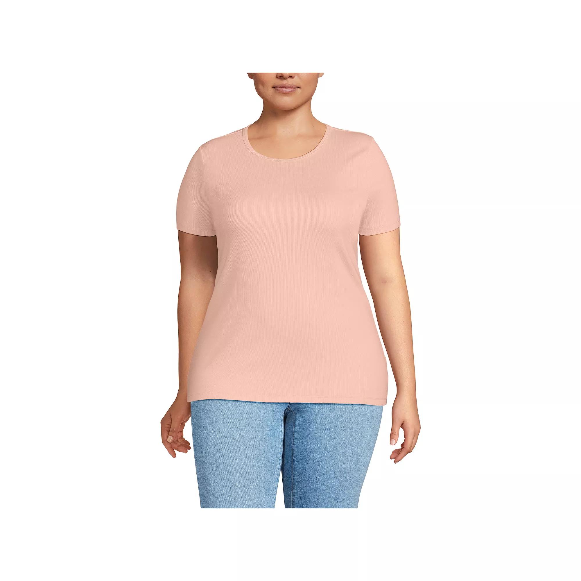 Plus Size Lands' End Short Sleeve Micro Rib Crewneck Top, Women's, Size: 2XL, Tinted Pink Product Image