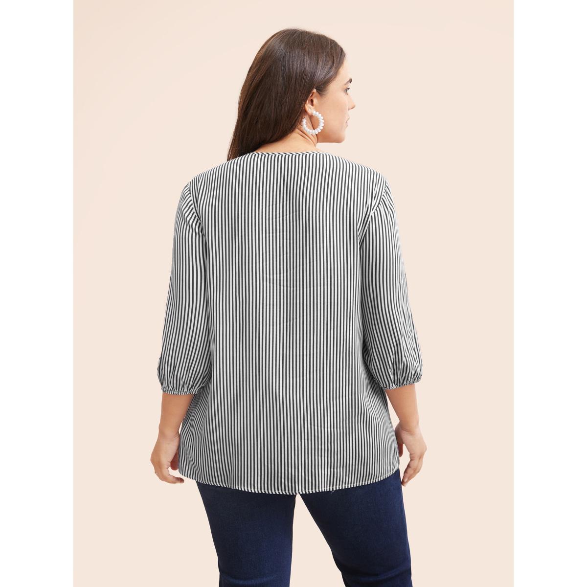 Plus Size Black Striped Gathered Button Detail Lantern Sleeve Blouse Women Elegant Elbow-length sleeve V-neck Everyday Blouses BloomChic 26/4X Product Image