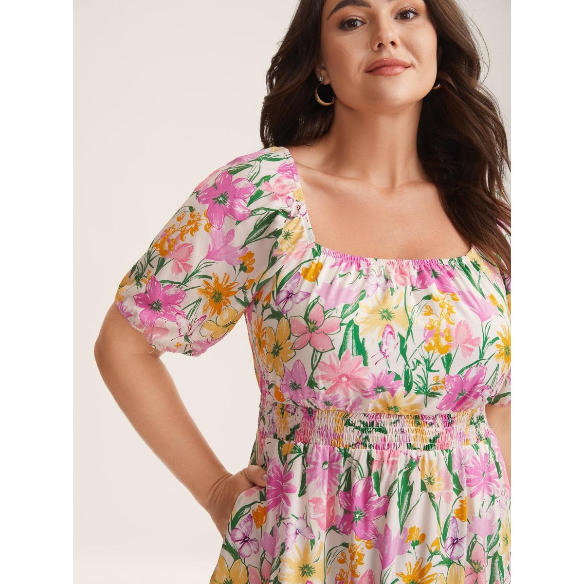 Plus Size Sweet Floral Print Square Neck Midi Dress Lilac Women Square Neck Short sleeve Curvy BloomChic 12/L Product Image