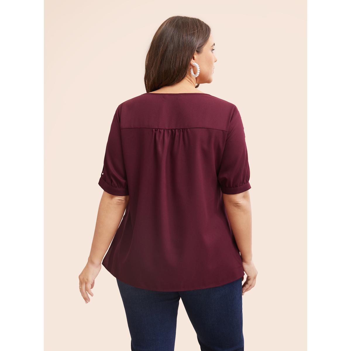 Plus Size Burgundy Round Neck Pearl Beaded Cut Out Blouse Women Elegant Short sleeve Round Neck Everyday Blouses BloomChic 30/6X Product Image