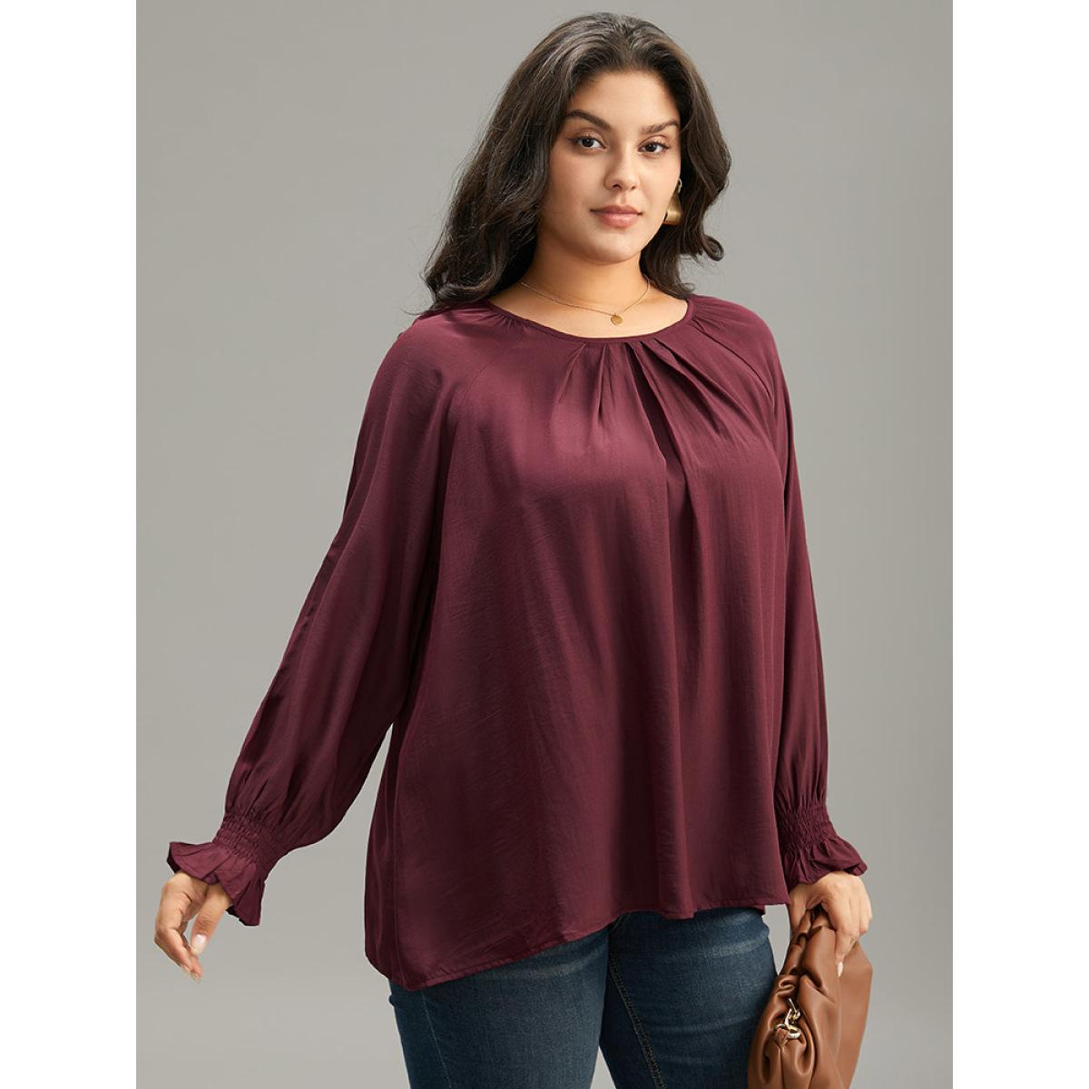 Plus Size Burgundy Supersoft Essentials Plain Plicated Detail Ruffle Trim Blouse Women Office Long Sleeve Round Neck Office Blouses BloomChic 30/6X Product Image