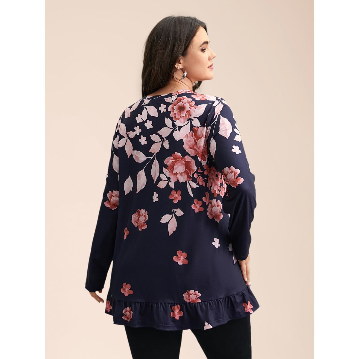 Plus Size Spring Flowers Ruffled Hem T-Shirt Indigo Women Casual Ruffles Natural Flowers Round Neck Everyday T-shirts BloomChic 28/5X Product Image