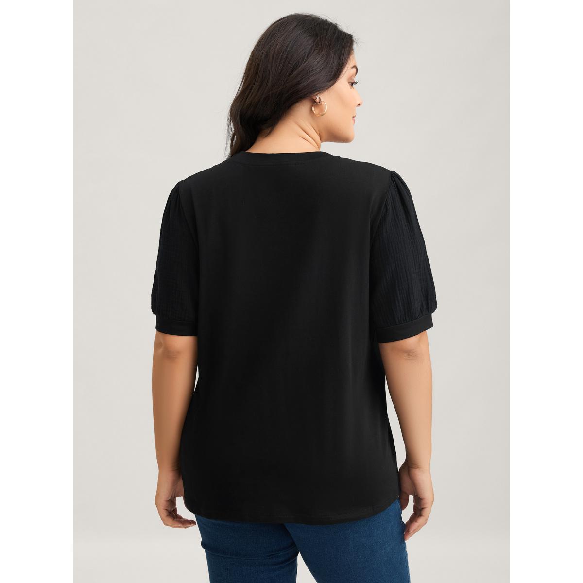 Plus Size Plain Textured Patchwork Lantern Sleeve T-Shirt Black Women Leisure Texture Round Neck Casual T-shirts BloomChic 22-24/3X Product Image
