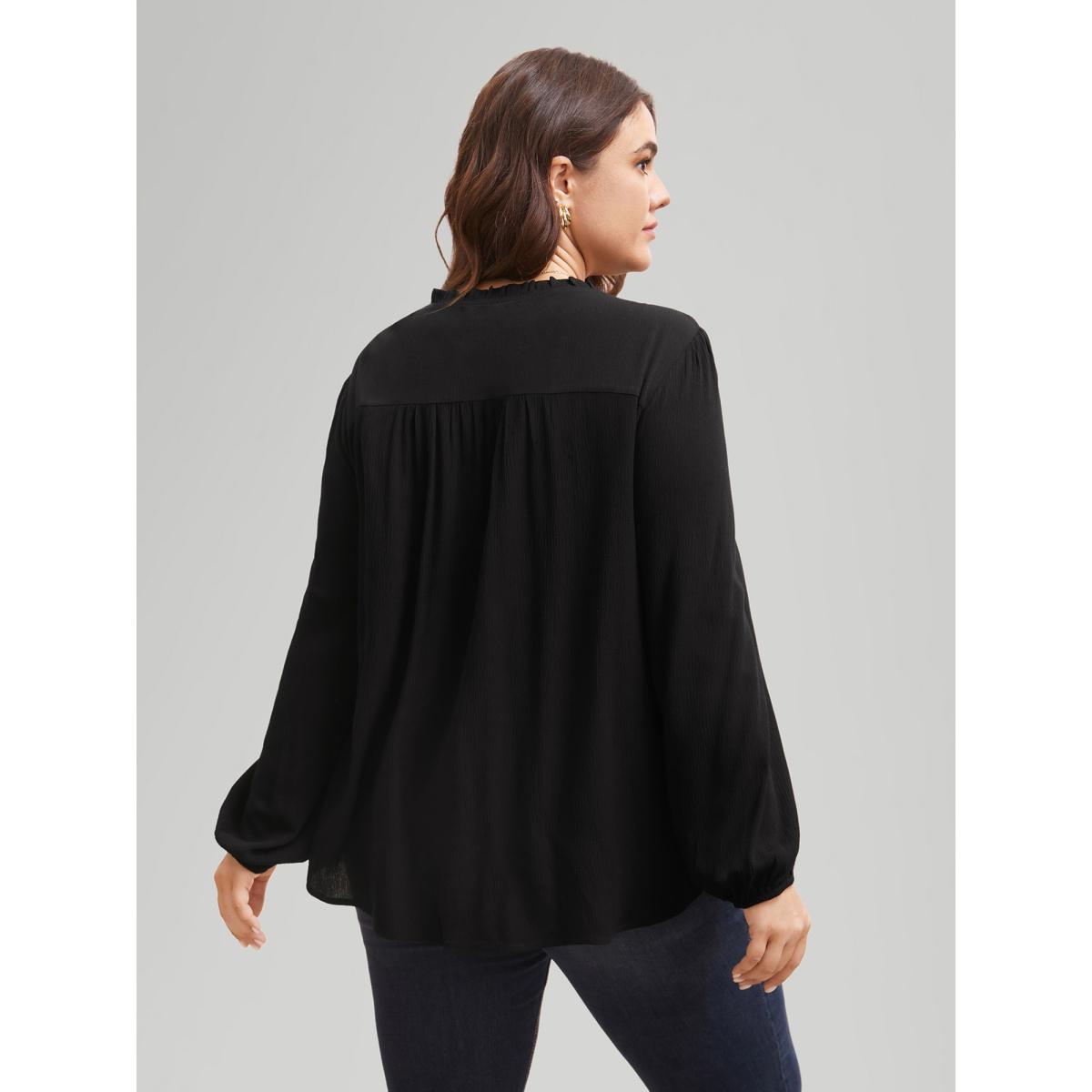 Plus Size Black Lace Patchwork Pleated Ruffles Blouse Women Timeless Long Sleeve V-neck Elegant Blouses BloomChic 22-24/3X Product Image