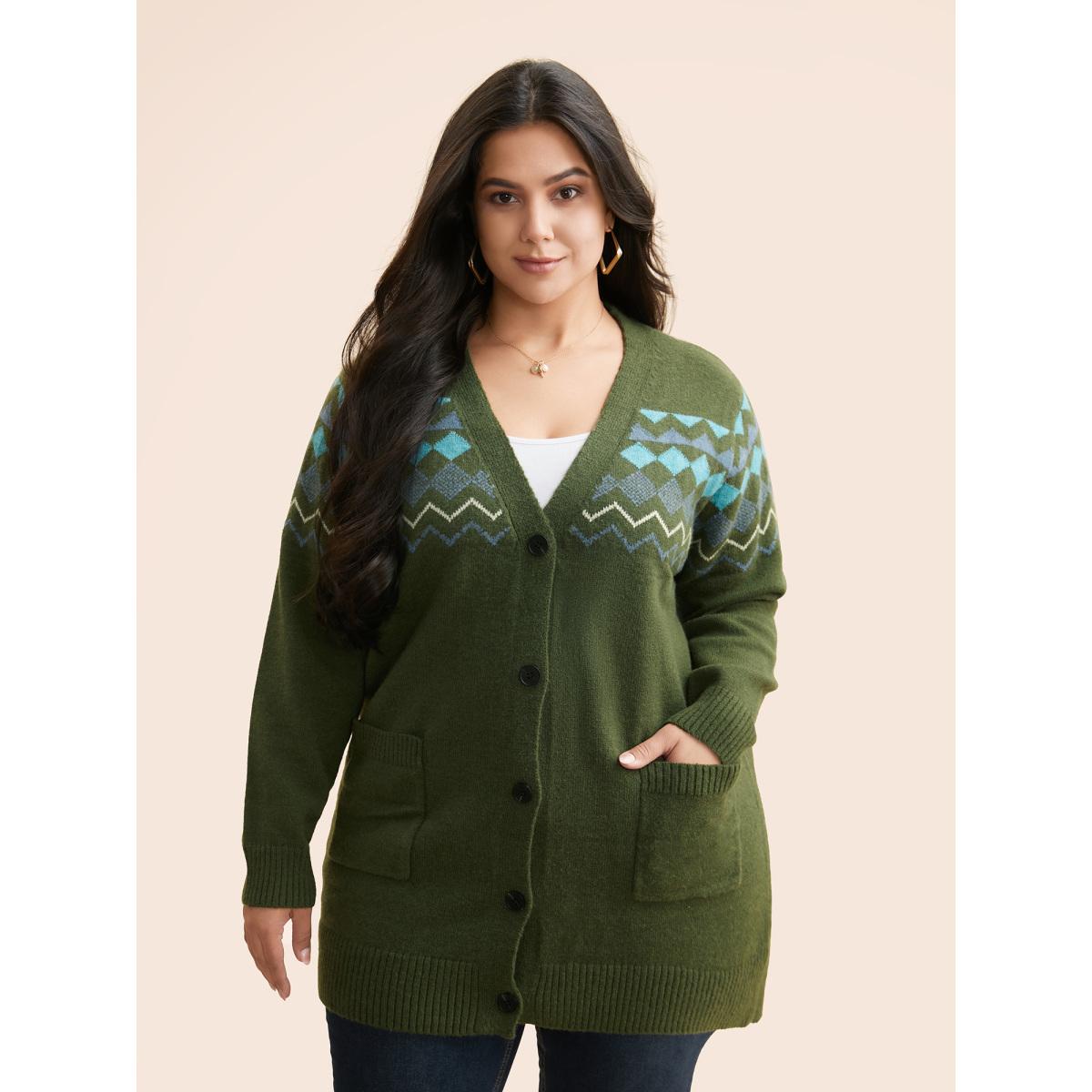 Plus Size Bandana Geometric Patch Pocket Cardigan Moss Women Casual Loose Long Sleeve Everyday Cardigans BloomChic 10/M Product Image