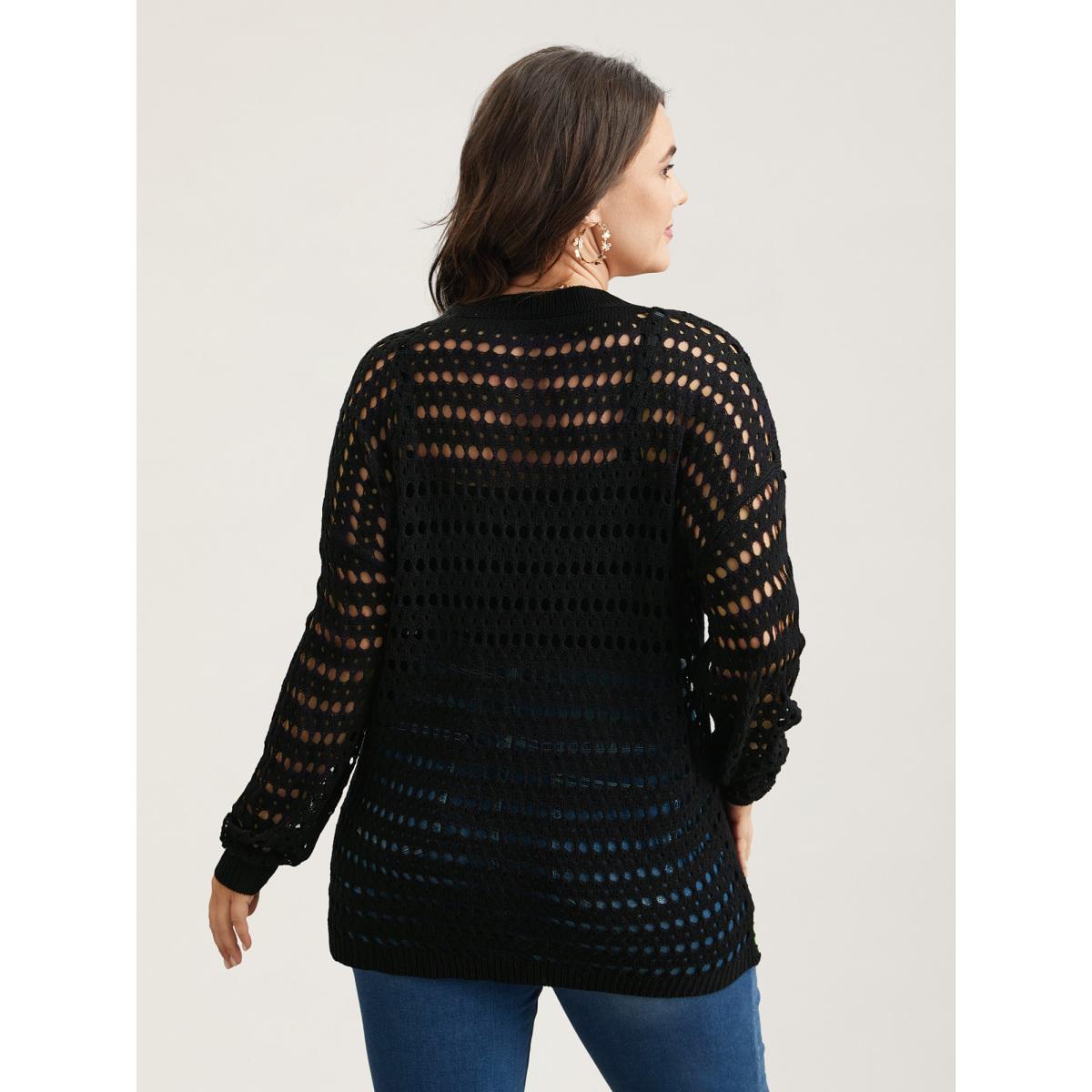 Plus Size Hand Crochet Floral Cut-Out Pullover Black Women Casual Long Sleeve Round Neck Everyday Pullovers BloomChic 18-20/2X Product Image