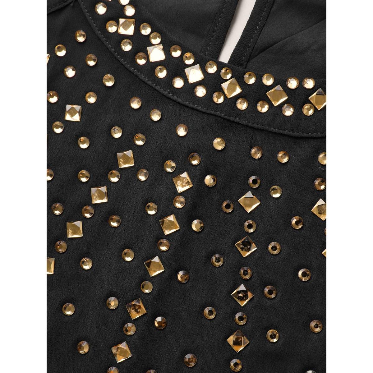 Plus Size Halter Neck Rhinestone Detail Asymmetrical Hem Dress Black Women Cocktail Rhinestone detailing Halter neck Sleeveless Curvy BloomChic 12/L Product Image