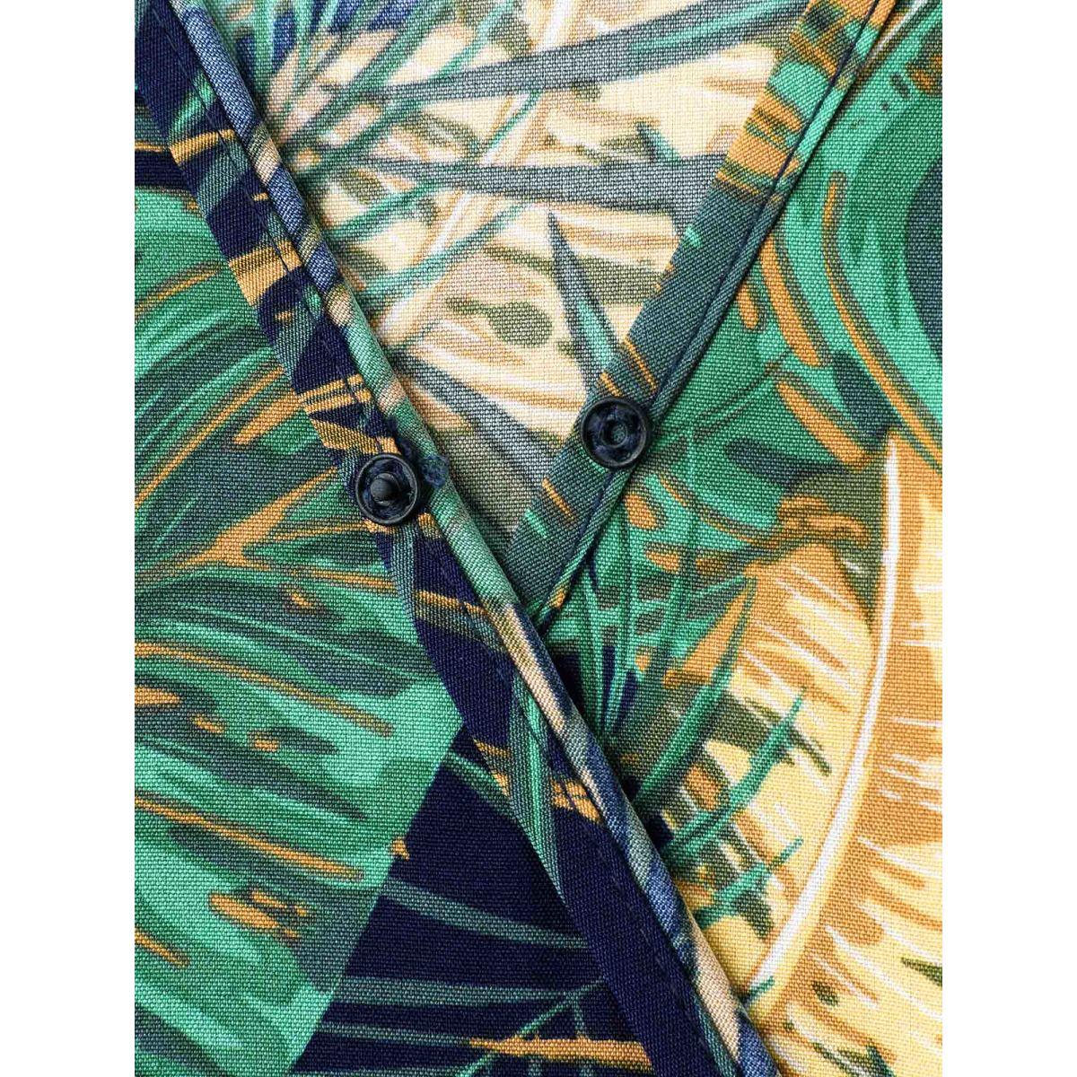 Plus Size Tropical Print Belted Pocket Midi Dress Navy Women Resort Overlap Collar Short sleeve Curvy BloomChic 26/4X Product Image