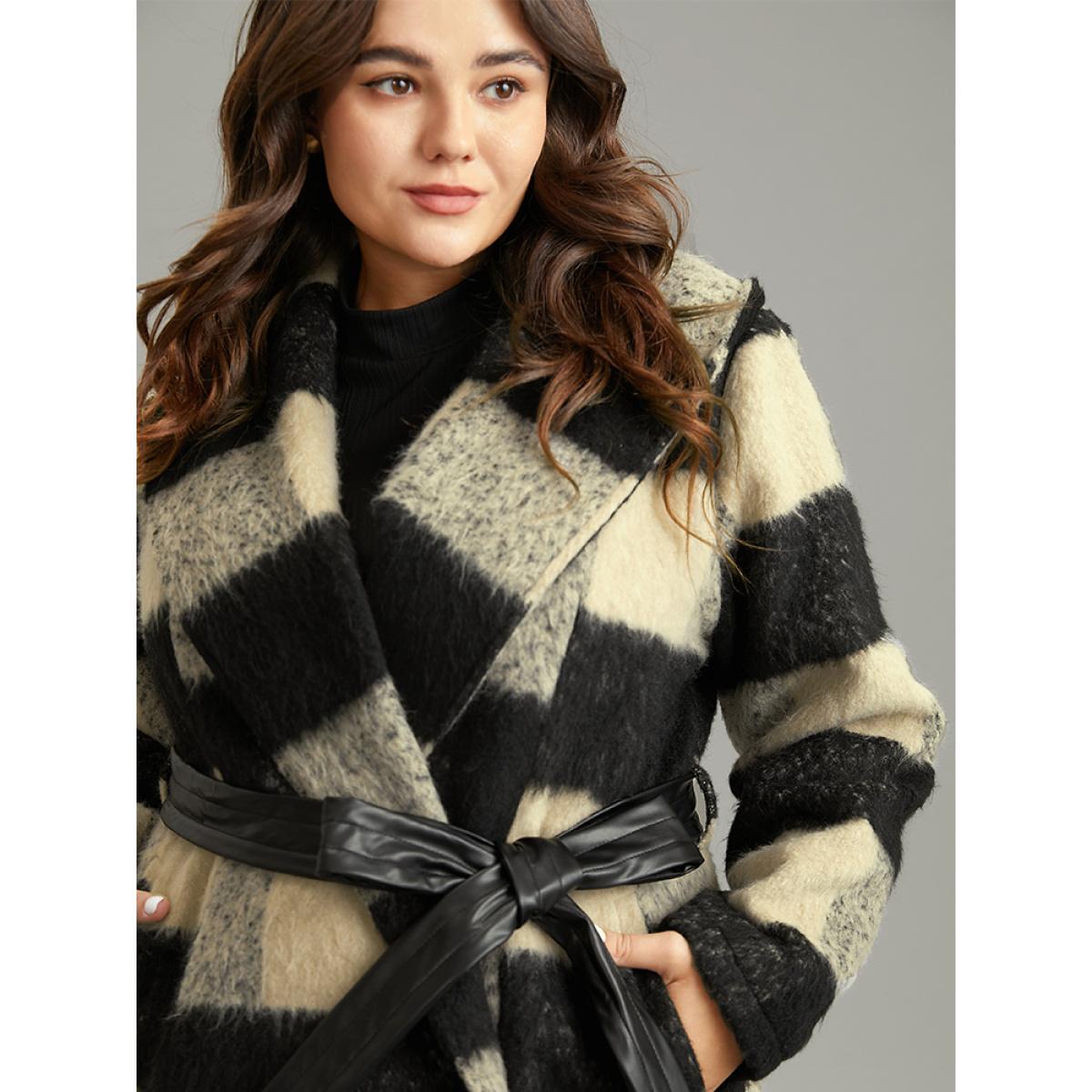 Plus Size Plaid PU Leather Belted Lapel Collar Coat Women Black Casual Lined Ladies Dailywear Winter Coats BloomChic 18-20/2X Product Image